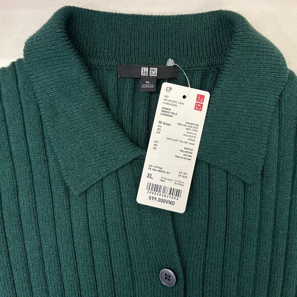 UNIQLO Ribbed Sweater-Knit Polo Short-Sleeve Button-Up Cardigan (Green) - Picture 14 of 16